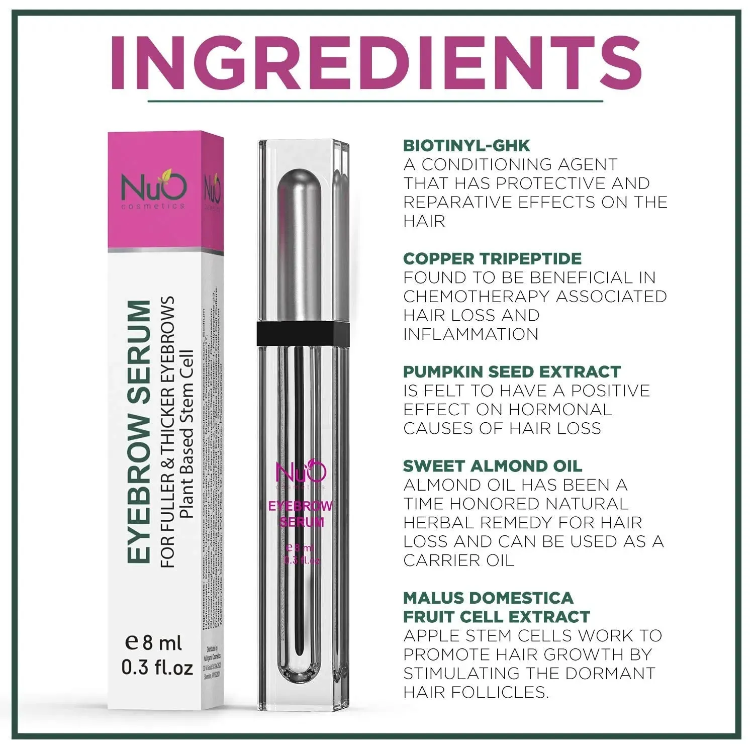 NuOrganic Eyebrow Serum Growth Enhancer Gel | Naturally Grow Fuller, Darker & Thicker brows | Plant Based Stem Cell Serum with Biotin & Growth Peptides | Fast Absorbing, Vegan & Cruelty Free (8ML)